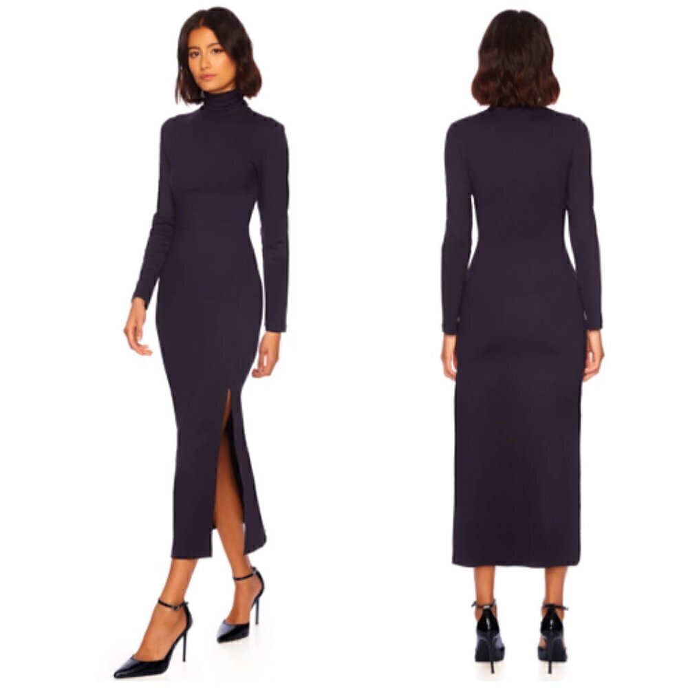 Susana Monaco Long Sleeve Turtleneck Side Slit Midi Dress Navy Size L NWOT
